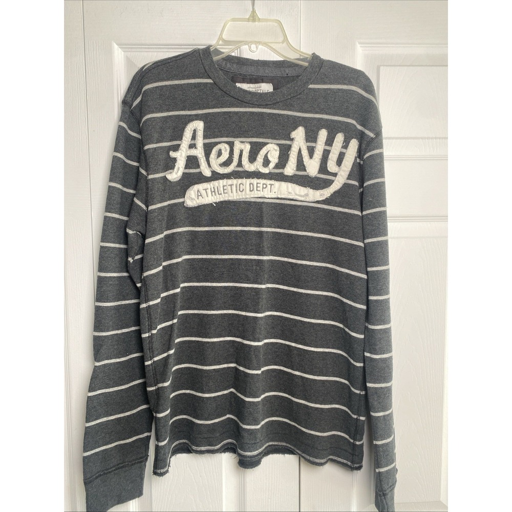 Aeropostale Waffle Knit Thermal Womens Size L Grey Striped Y2K Athletic Cotton